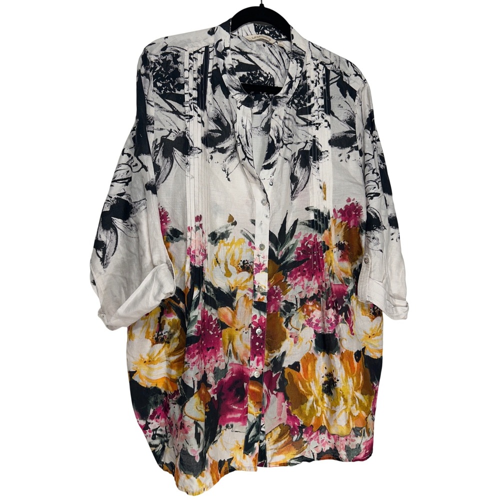 Soft Surroundings Floral Pintuck Roll Sleeve Button Front Tunic Top Size 2X